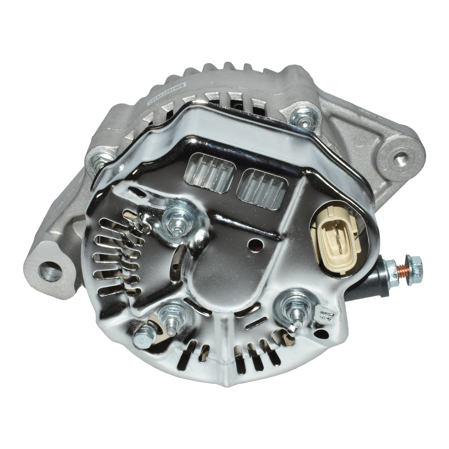Rear view of a silver automotive alternator showing vents, screws, and electrical connector