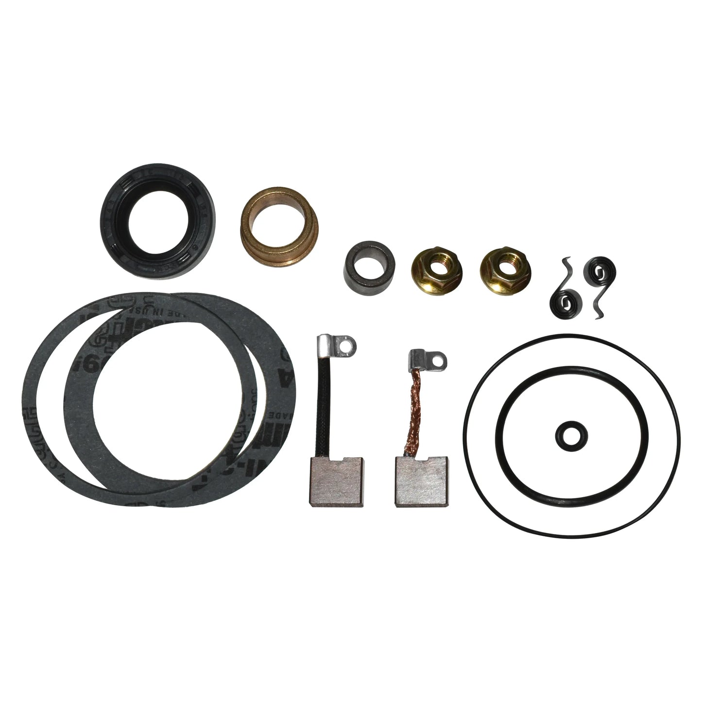 assorted small mechanical parts including seals, gaskets, brushes, nuts, springs, and O-rings on white background