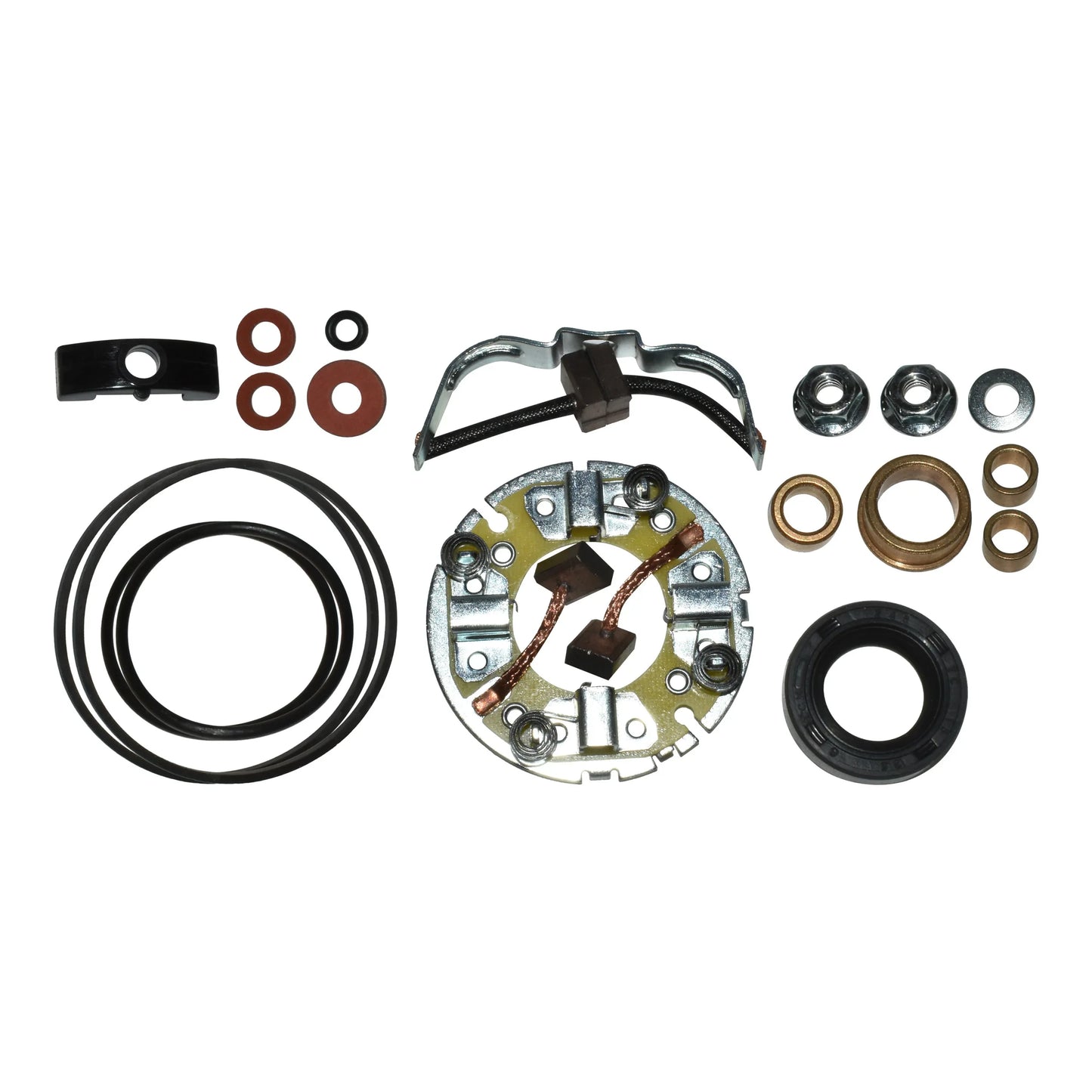 Assorted mechanical and electrical parts including rubber O-rings, washers, nuts, brushes, and metal components