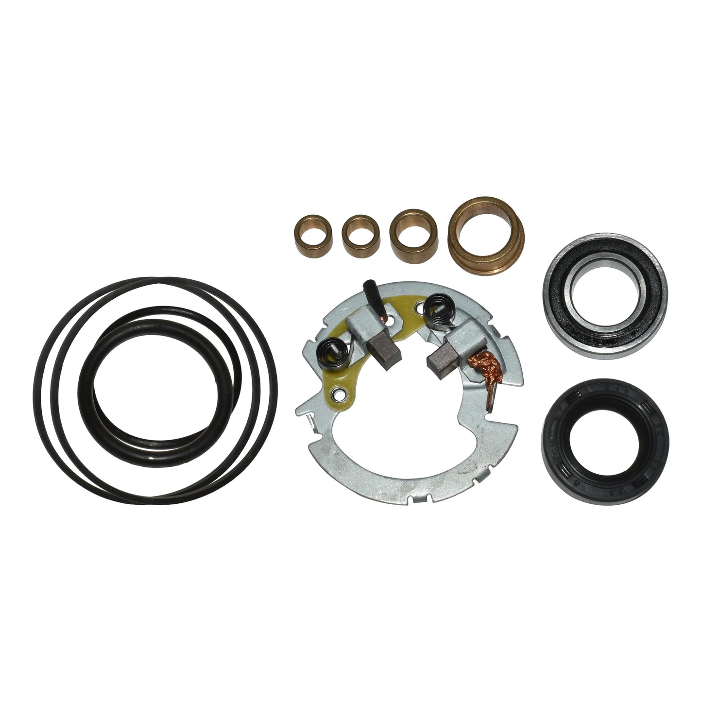 Assorted motor brush kit parts including bushes, O-rings, bearings, and brush holder assembly on white background