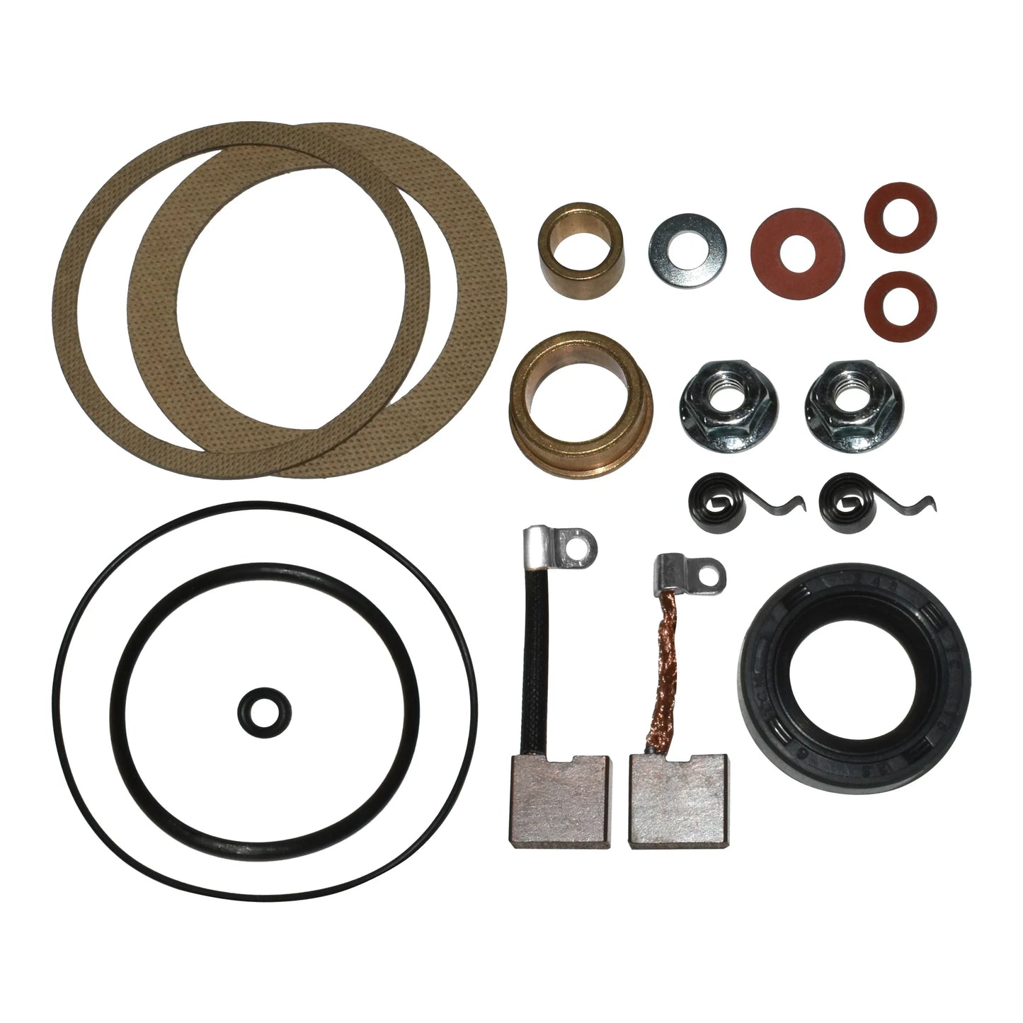 Assorted mechanical repair parts including gaskets, washers, nuts, springs, carbon brushes, and seals on white background