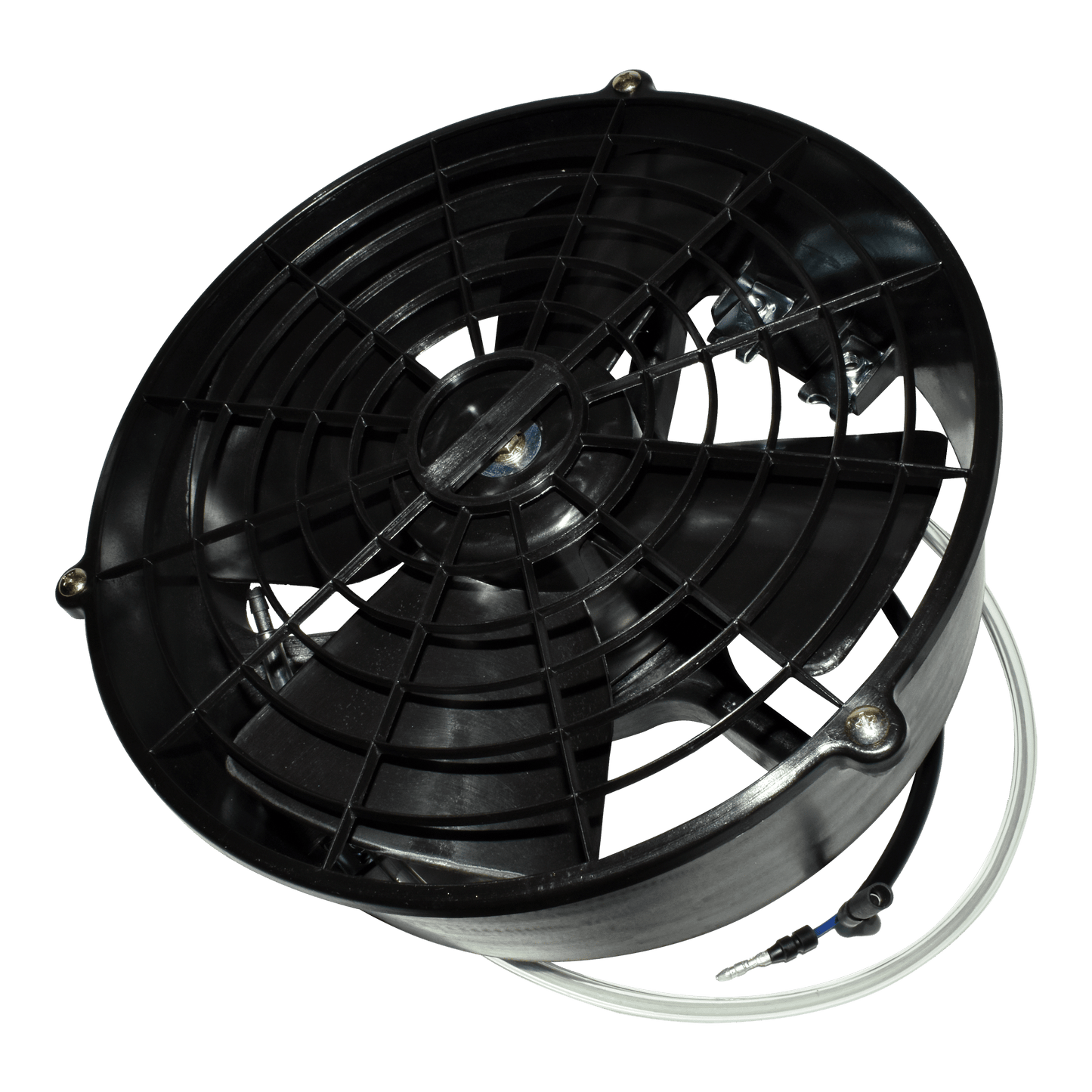 Black round electric cooling fan with protective grid and attached wires