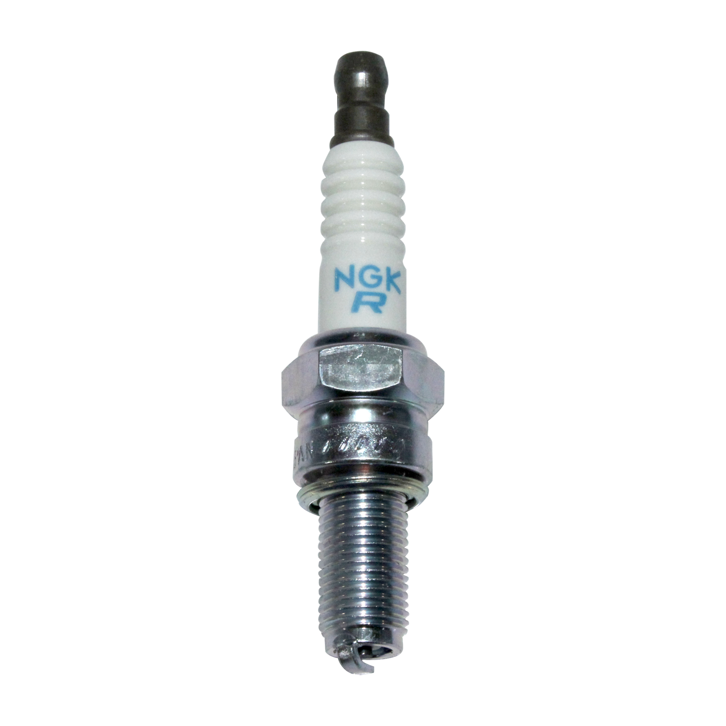 NGK R model automotive spark plug with metal threaded base and white ceramic insulator