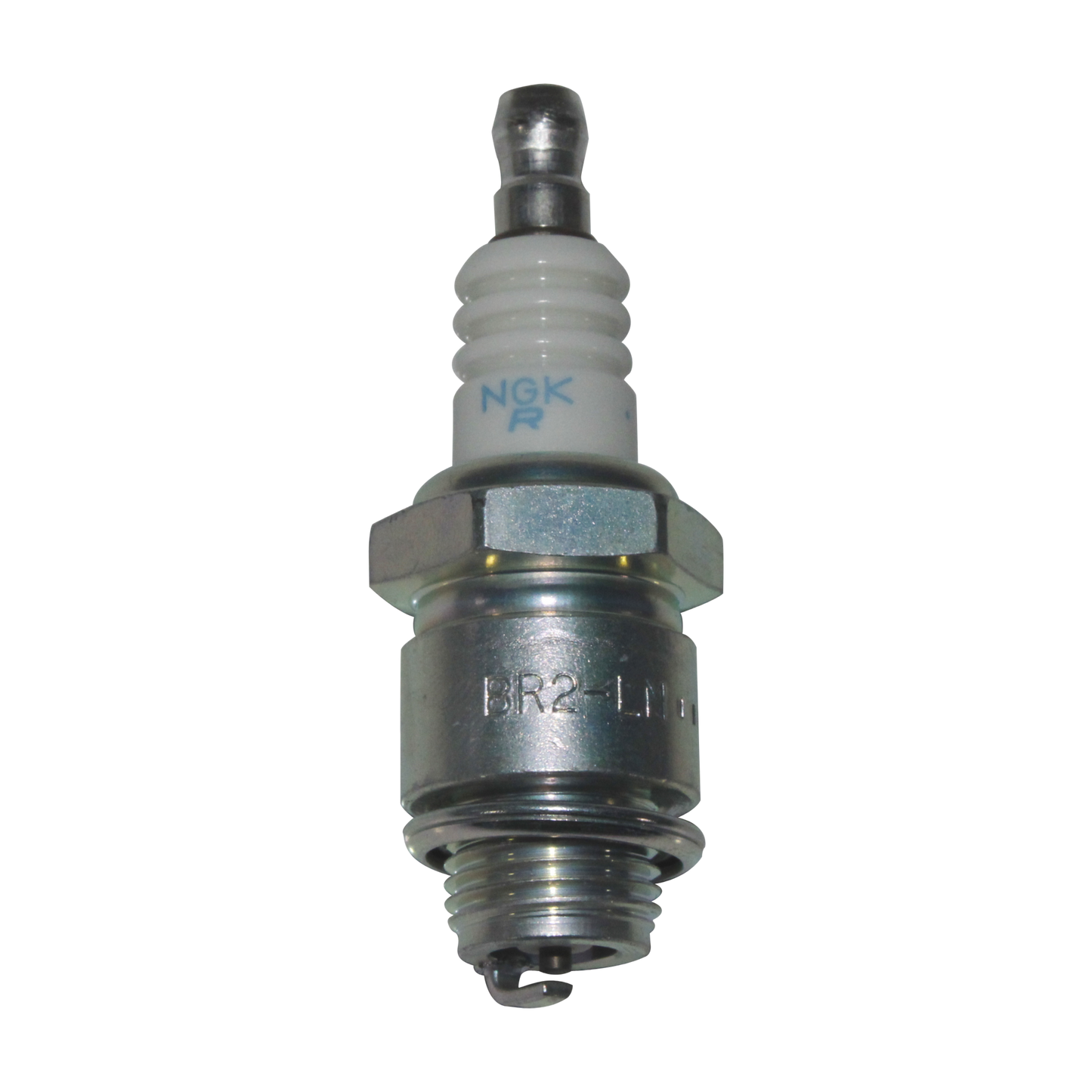 NGK BR2-LHN spark plug with metal threaded base and white ceramic insulator