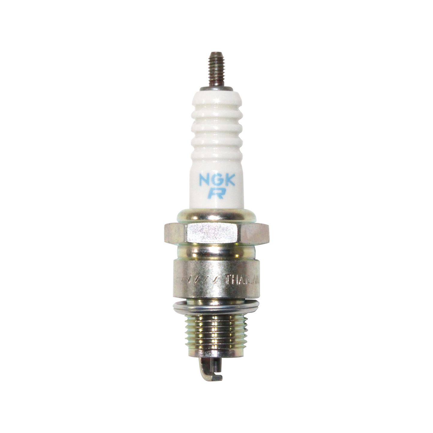 NGK spark plug with metal threaded body and white ceramic insulator on black background
