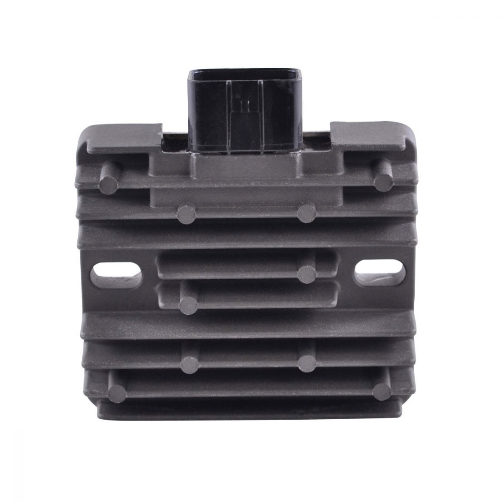 Black aluminum motorcycle voltage regulator rectifier with cooling fins and connector on white background