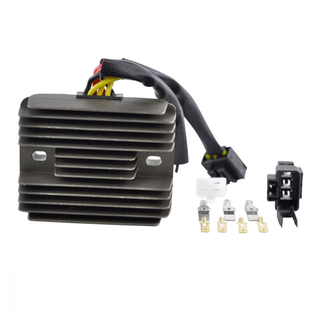 Motorcycle voltage regulator rectifier with cooling fins, wiring harness, and connectors