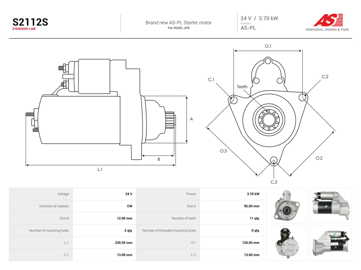 Starter Motor 24V 3.7kW 11T Case CX130B CX130C Isuzu Hitachi S25-514