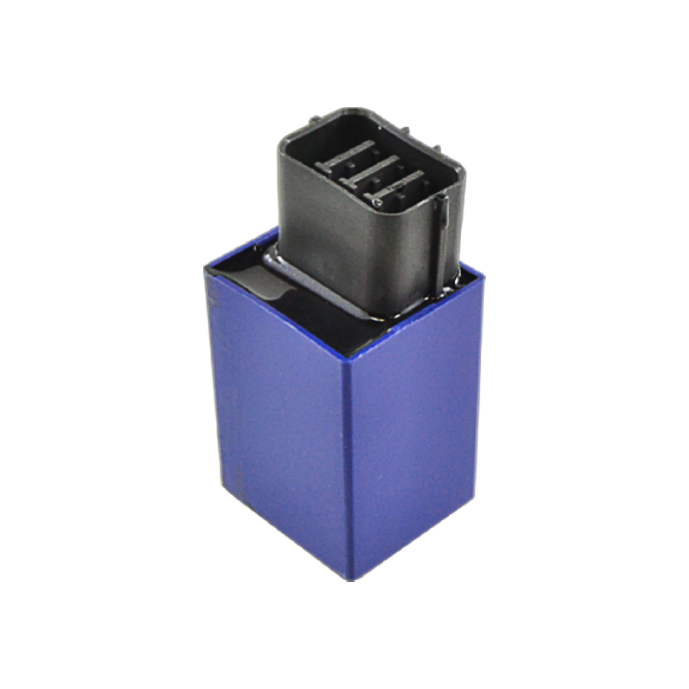 Blue automotive OBD2 diagnostic scanner plug with black connector pins isolated on white