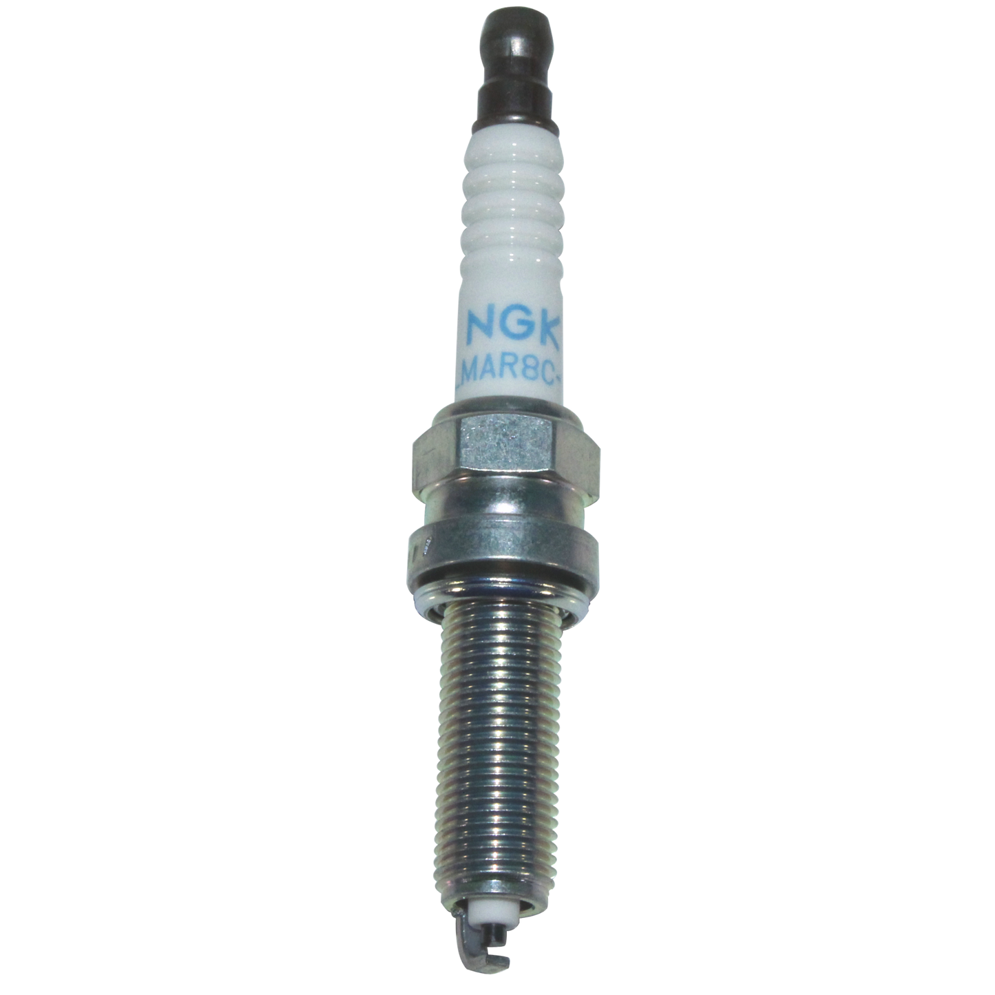 NGK MAR8C spark plug with ceramic insulator and metal threaded body, isolated on black