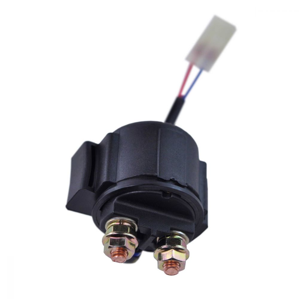 Black motorcycle starter relay solenoid with copper terminals and wire connector plug