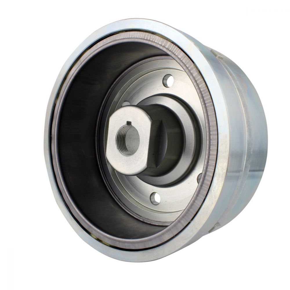 Close-up of metal automotive pulley with central hexagonal bolt and smooth circular design