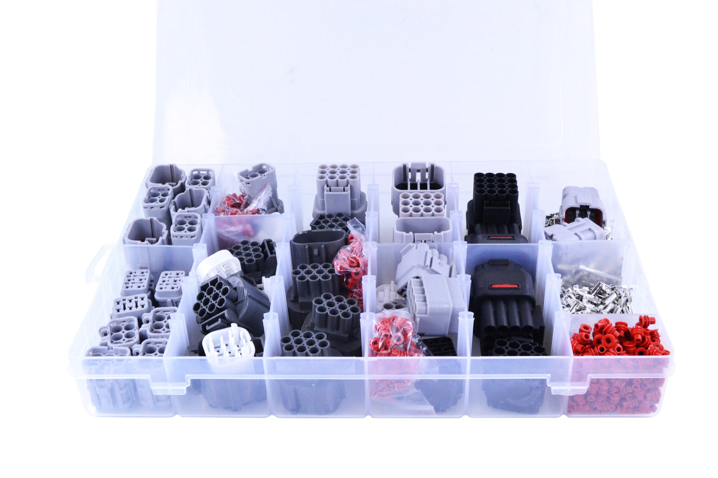 Plastic organizer box with various gray and black automotive electrical connector kits and red seals