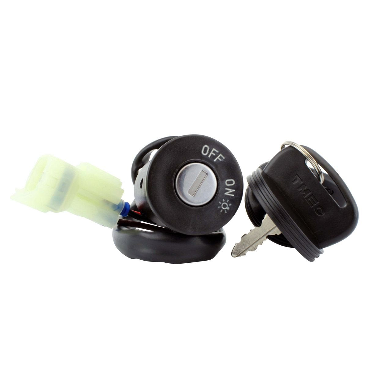 Arctic Cat ignition key switch with black plastic keys and white electrical connector