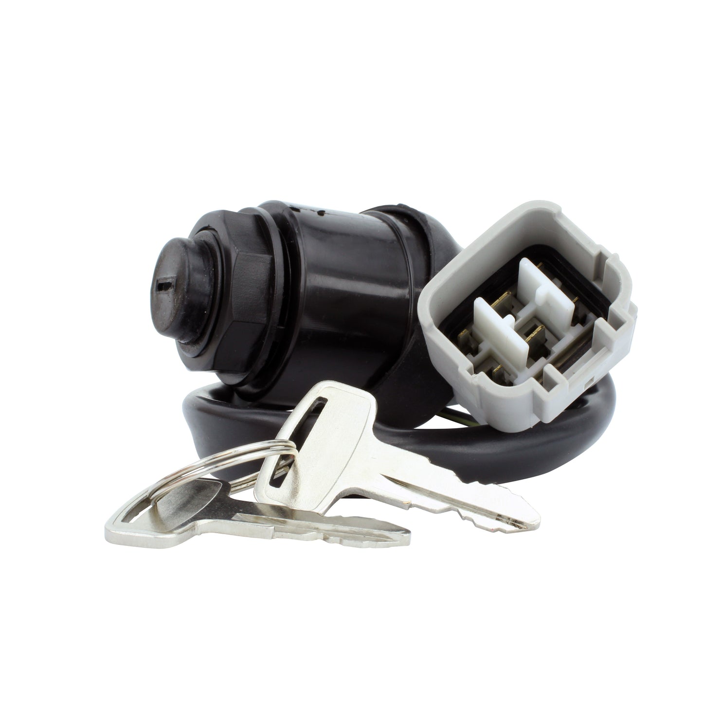 Kawasaki Mule ignition key switch with connector and two silver keys on white background