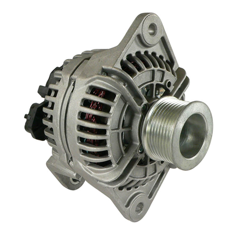 Silver automotive alternator with ventilation slots and pulley for car engine
