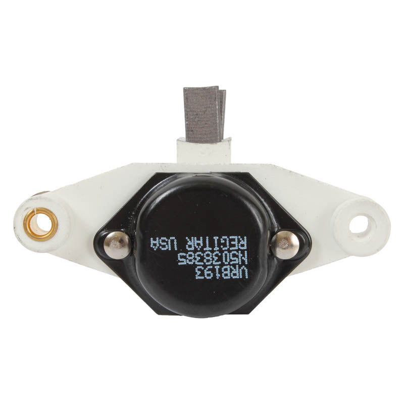 White automotive voltage regulator with black circular center and metal brush contacts