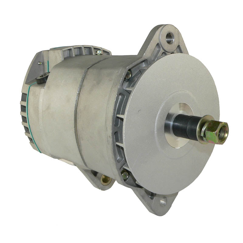 Silver automotive alternator with mounting points and central shaft on white background