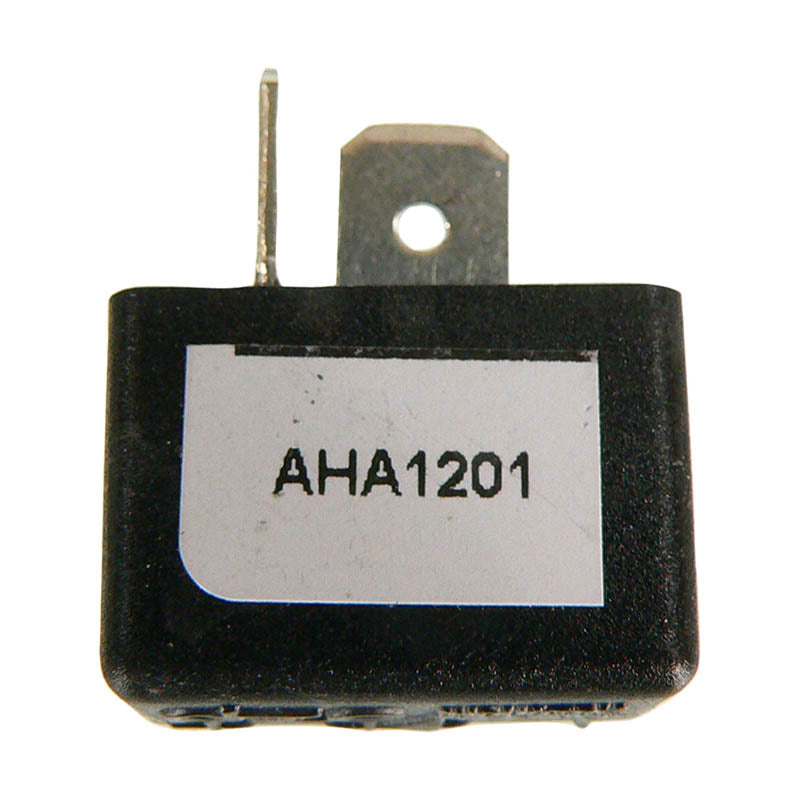 Close-up of a black electrical relay with metal terminals and label reading AHA1201