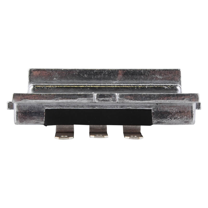 Close-up of a metal electrical connector with three flat terminals against white background