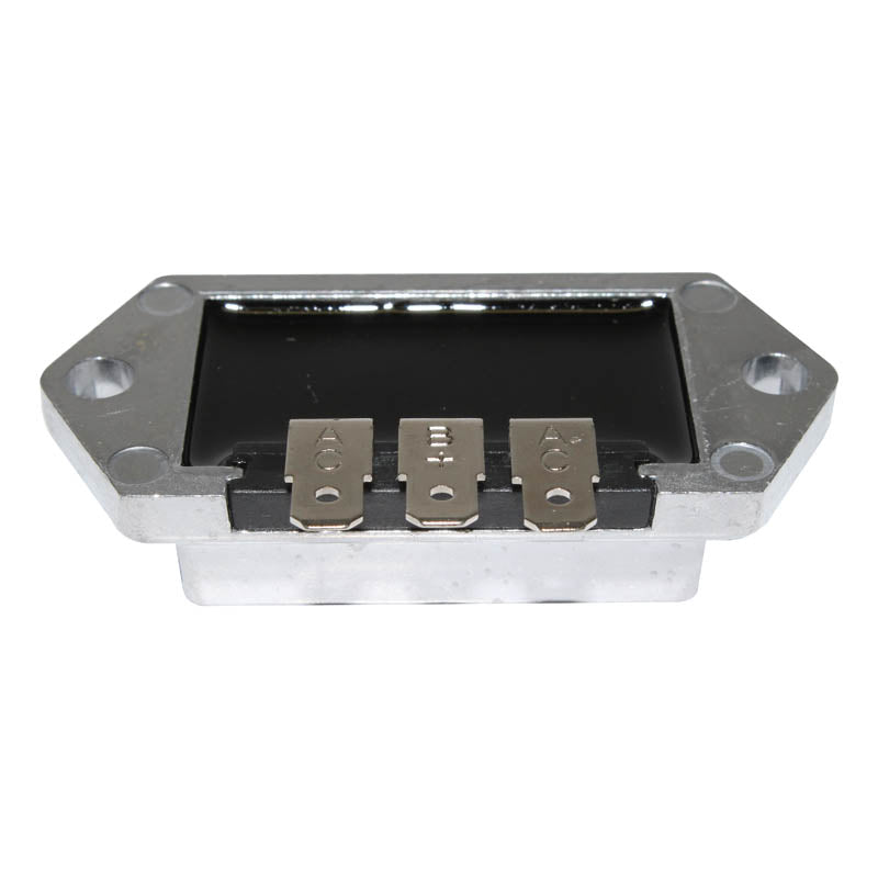 Rectangular electronic component with metal mounting holes and three labeled terminals A, B, and C on a white background