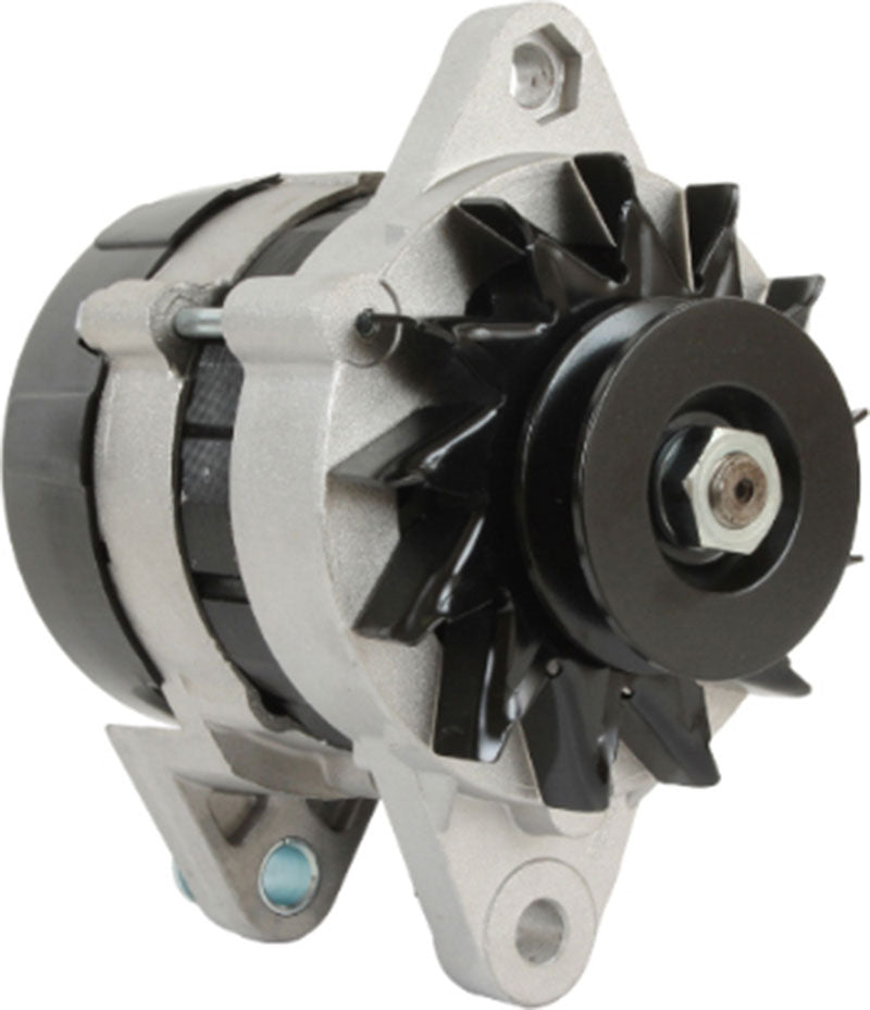 Close-up of a silver automotive alternator with black fan blades and mounting bracket