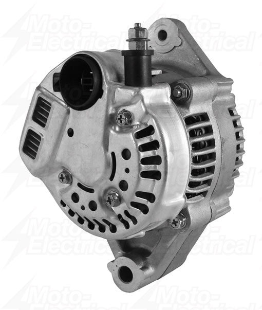 Silver automotive alternator with ventilation slots and mounting bracket