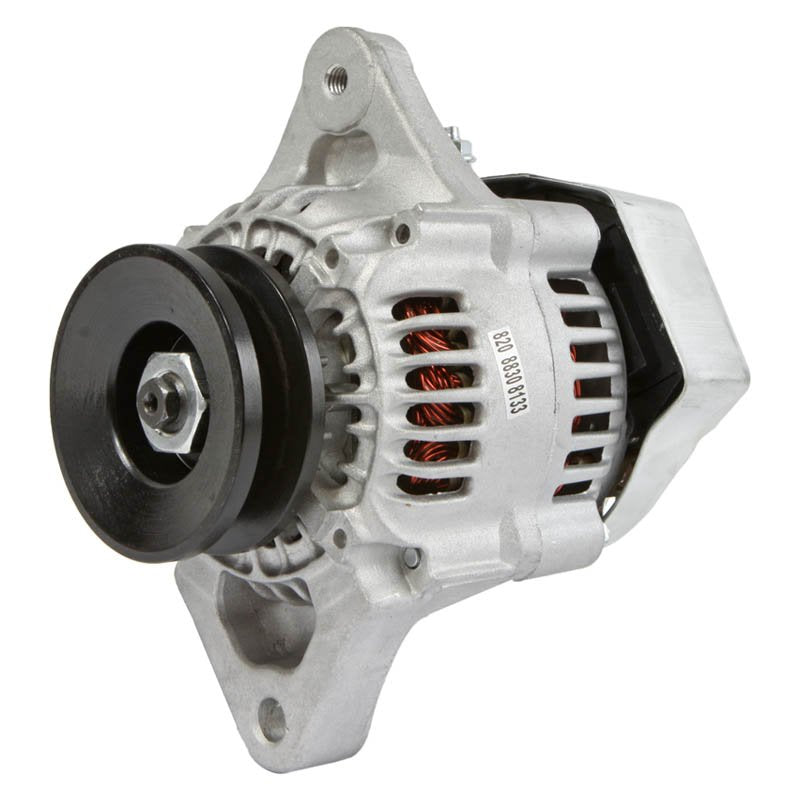 Silver John Deere alternator with black pulley and visible copper wiring for Gator utility vehicle