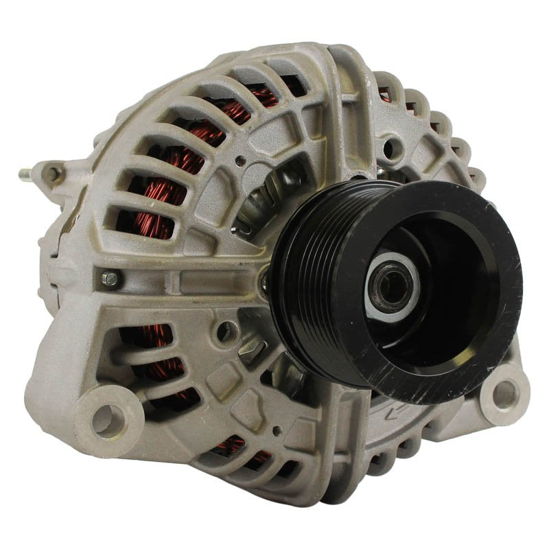 Close-up of alternator with aluminum housing and black pulley for John Deere motor grader forestry swing machine