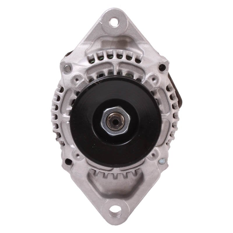 Front view of silver Kubota IRIF-1001 alternator with black pulley and mounting points on white background