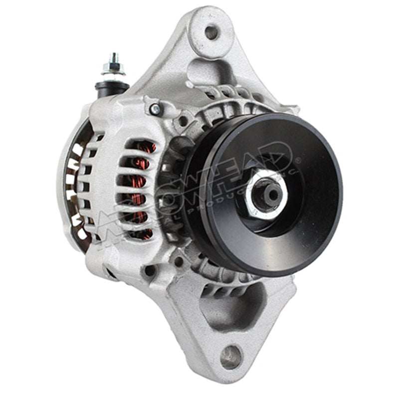 Silver Yanmar engine alternator with black pulley and visible copper wiring