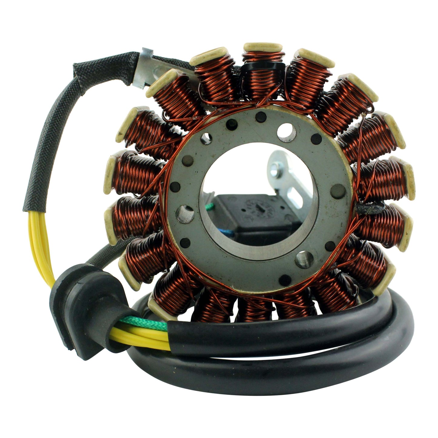 Arctic Cat 250 DVX stator coil with copper wire windings and attached wiring harness on white background