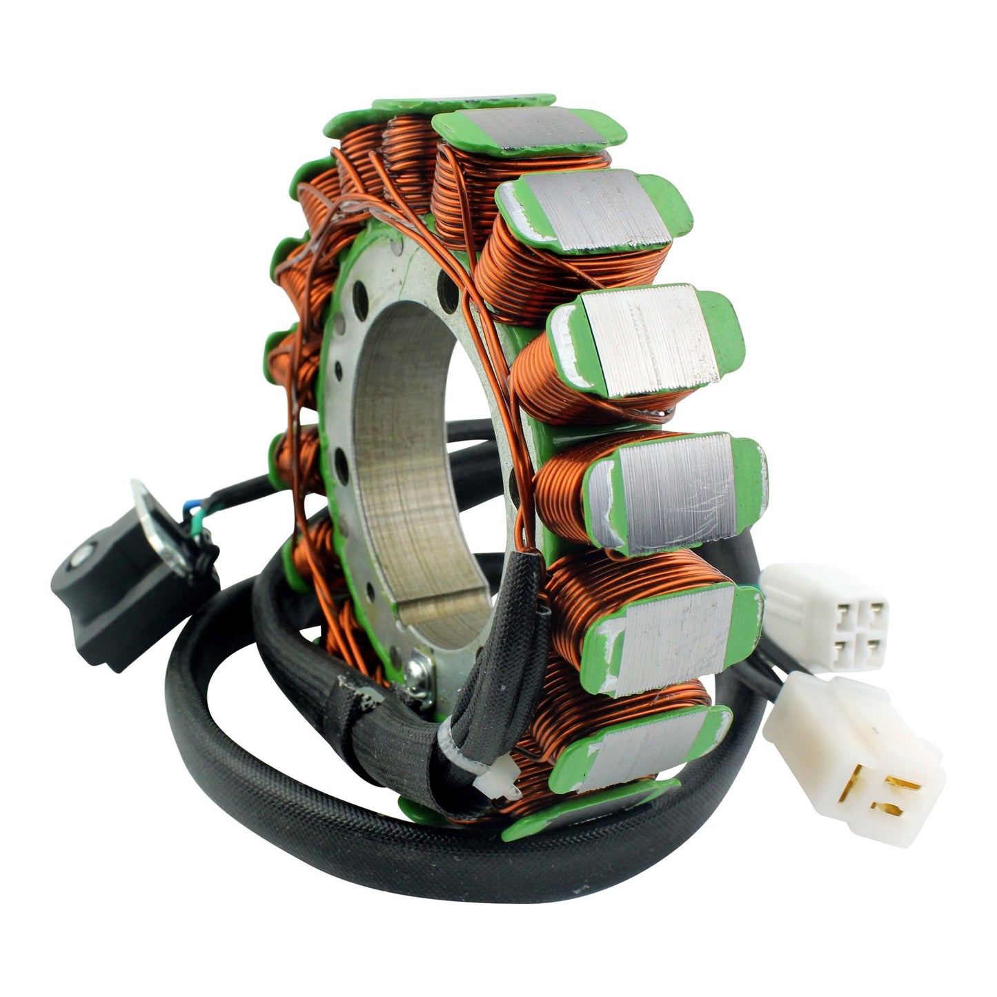 Arctic Cat TRV generator stator with copper wire coils and electrical connectors on white background