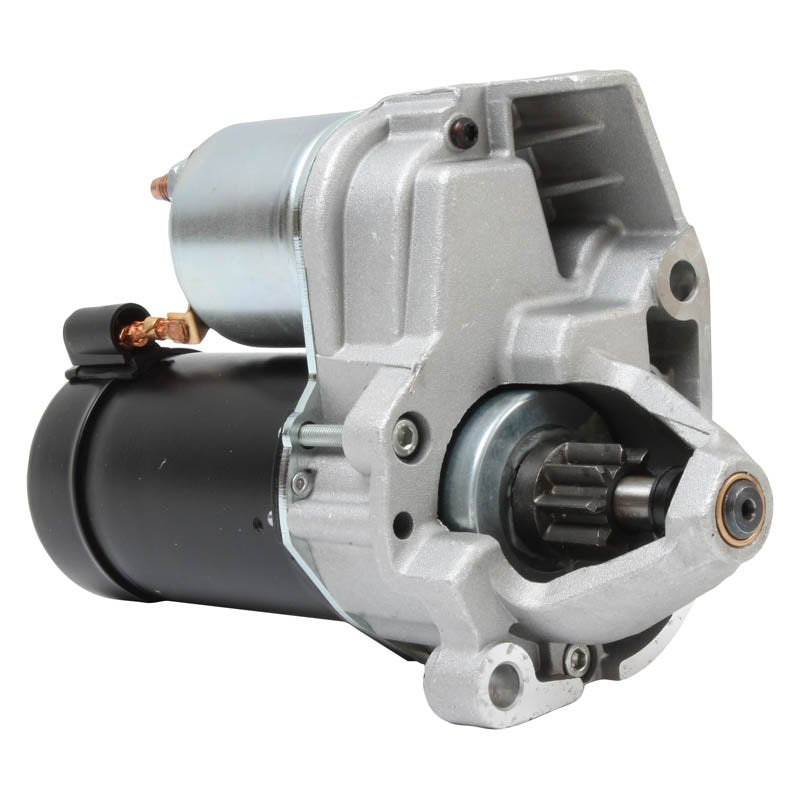 Close-up of BMW motorcycle starter motor with metal housing and gear teeth detail