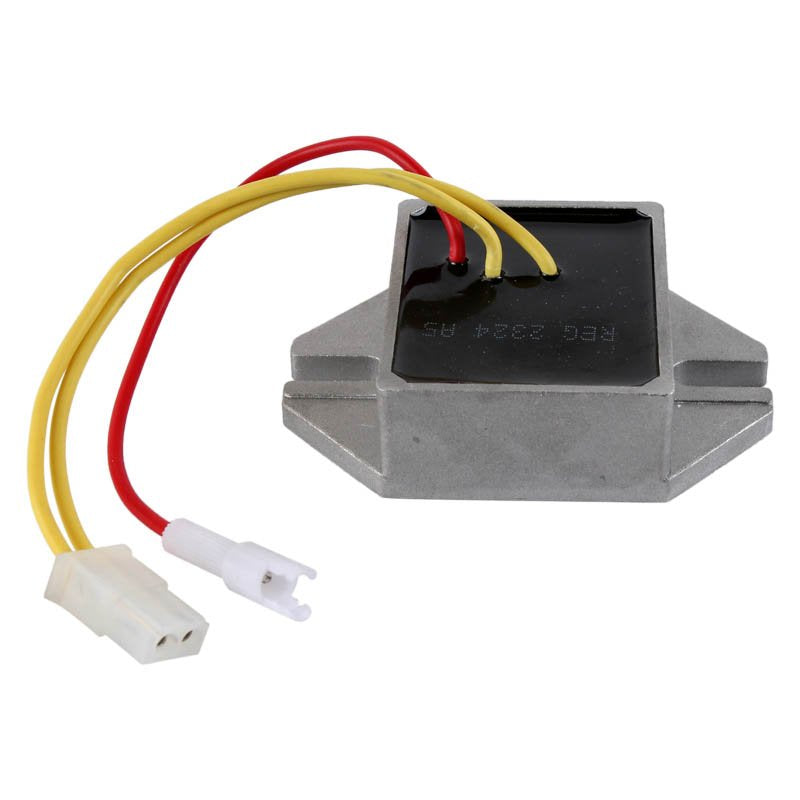 Briggs & Stratton regulator rectifier module with red and yellow wires and white connectors on white background