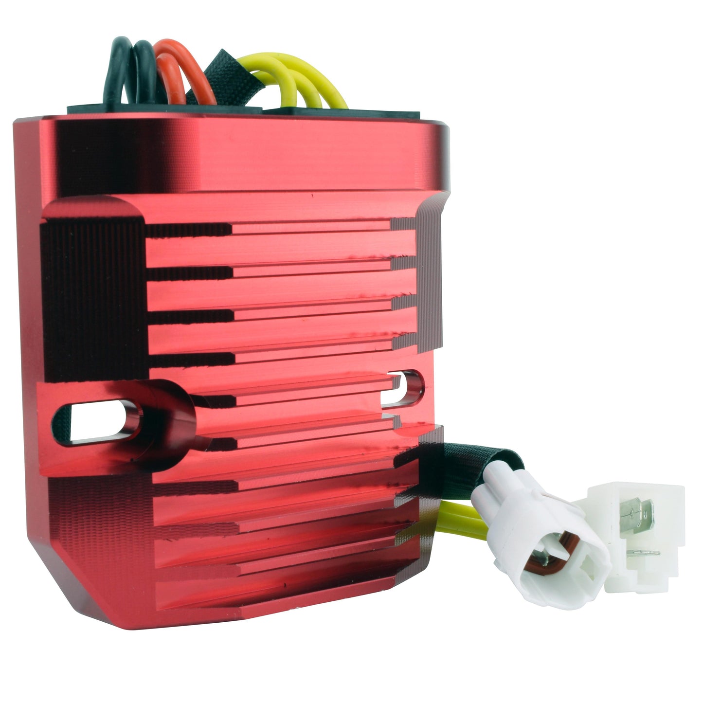 Red CNC mosfet regulator rectifier with yellow, orange, and black wires and white connectors for Suzuki motorcycles