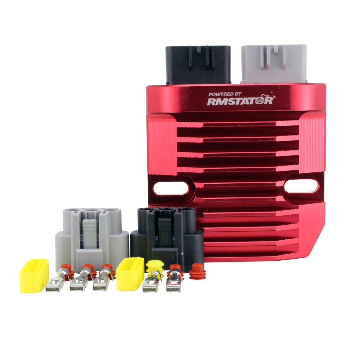 Red RMSTATOR regulator rectifier with black and gray connectors and yellow wire terminals