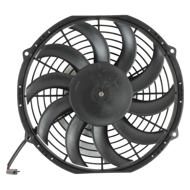 Black electric cooling fan motor assembly with nine curved blades and wiring connector