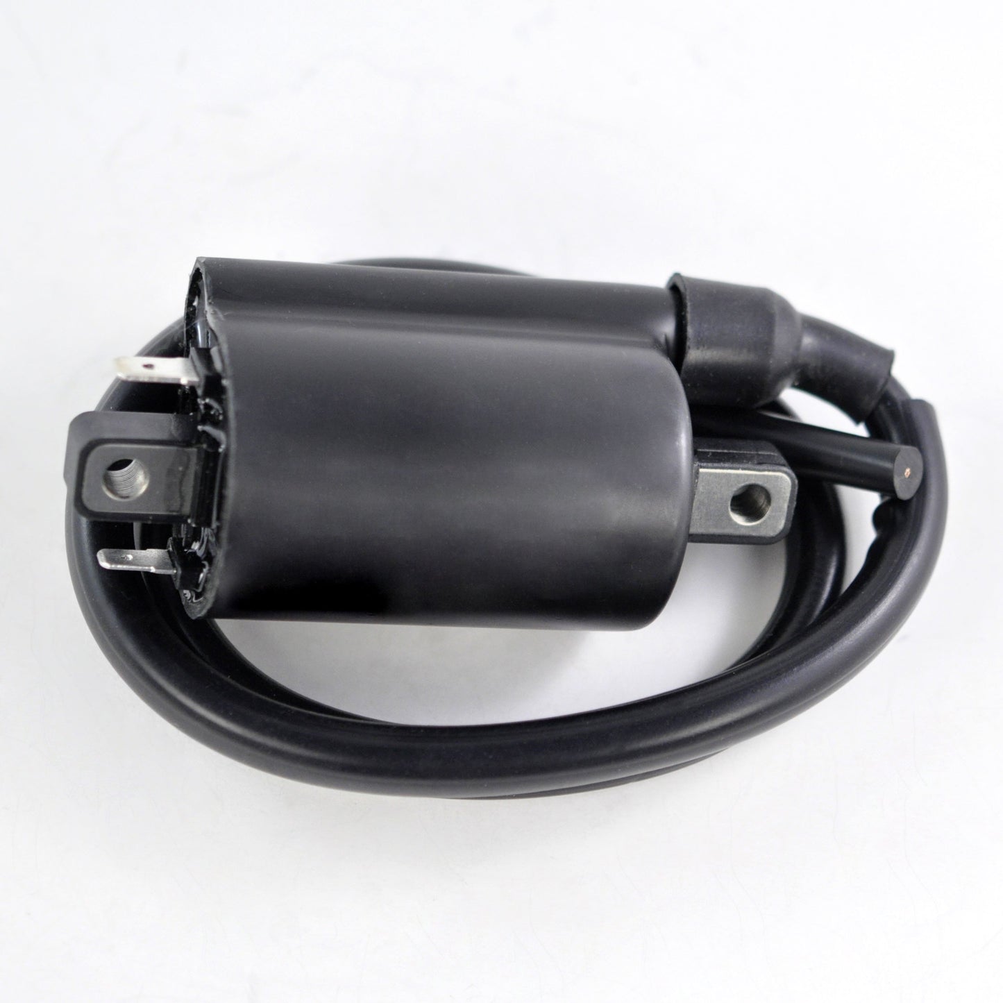 Black external ignition coil with attached high tension wire on a white background