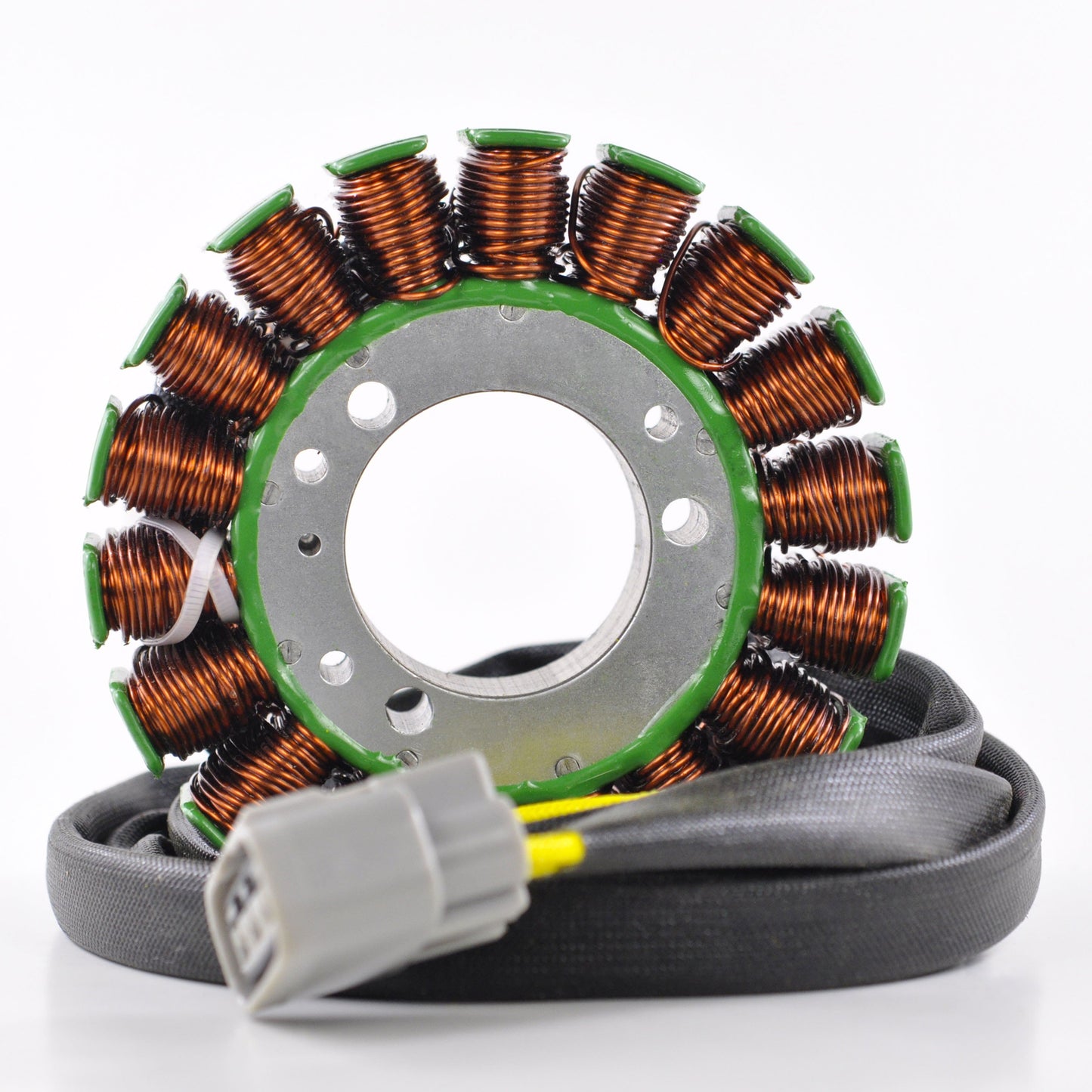 Can-Am stator generator with copper coils and gray connector cable on white background