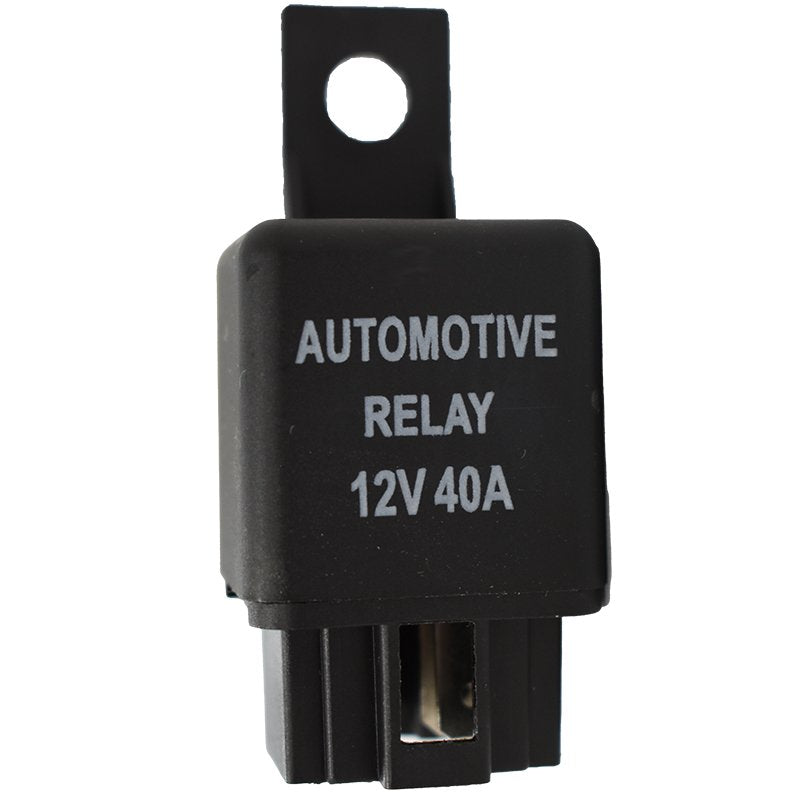 Black automotive relay with metal mounting bracket labeled 12V 40A for vehicle wiring