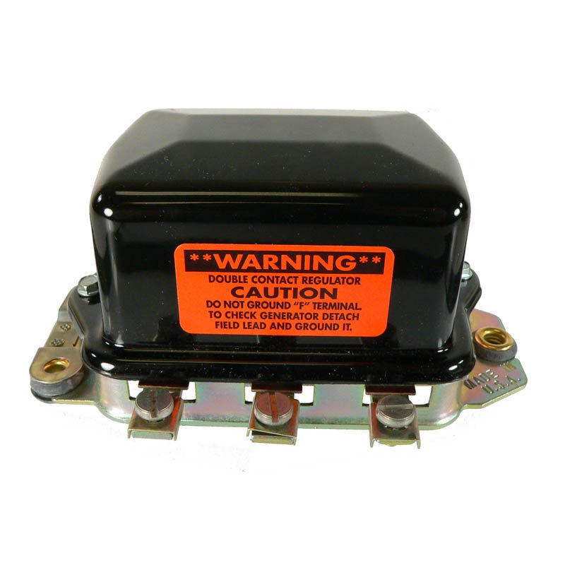 Black double contact regulator with orange caution label and metal mounting base