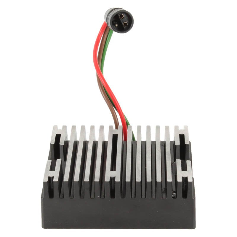 Harley Davidson XLCR regulator rectifier with cooling fins and red, brown, green wires