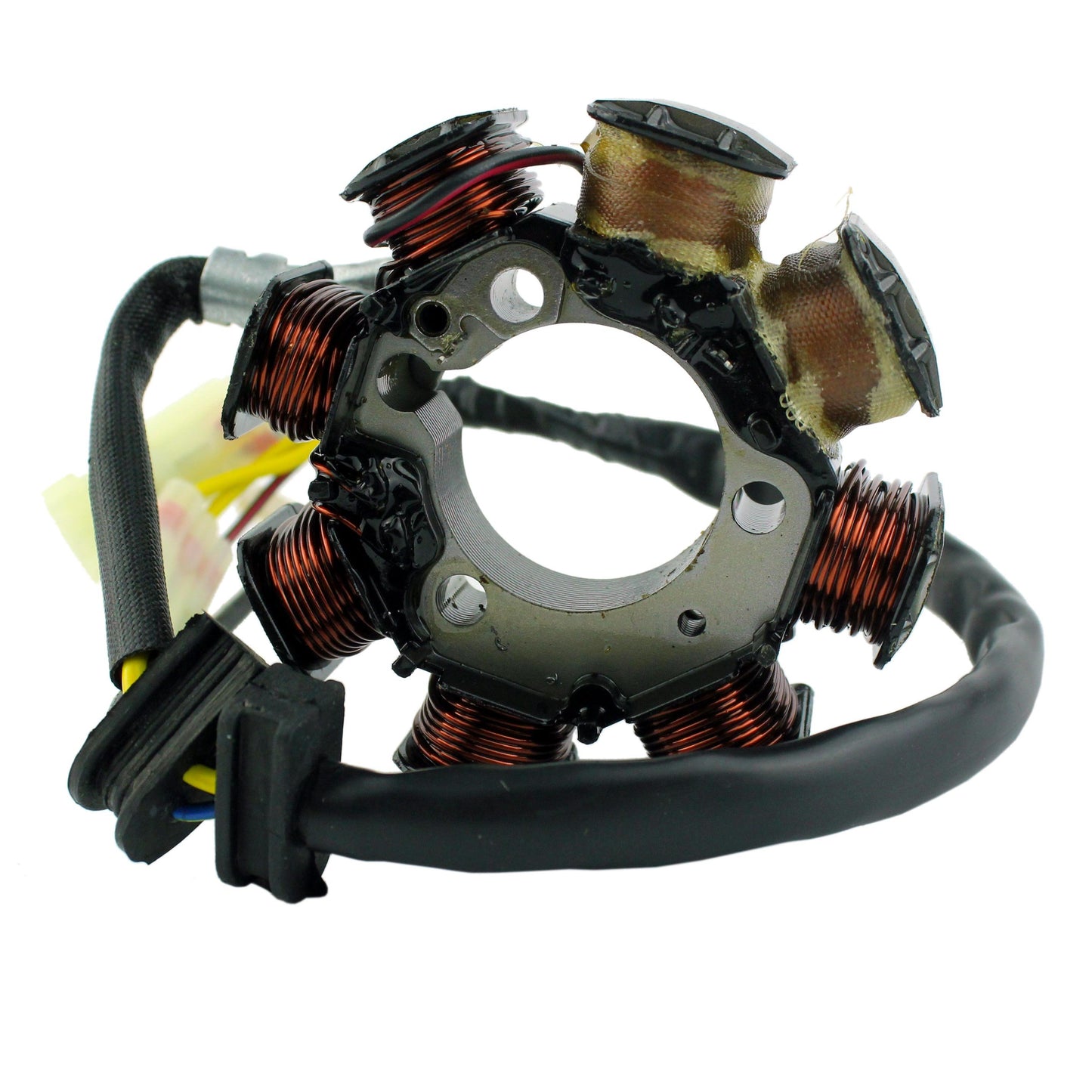 Close-up of Honda TRX250 Recon Sportrax stator coil with copper wire windings and attached black cable