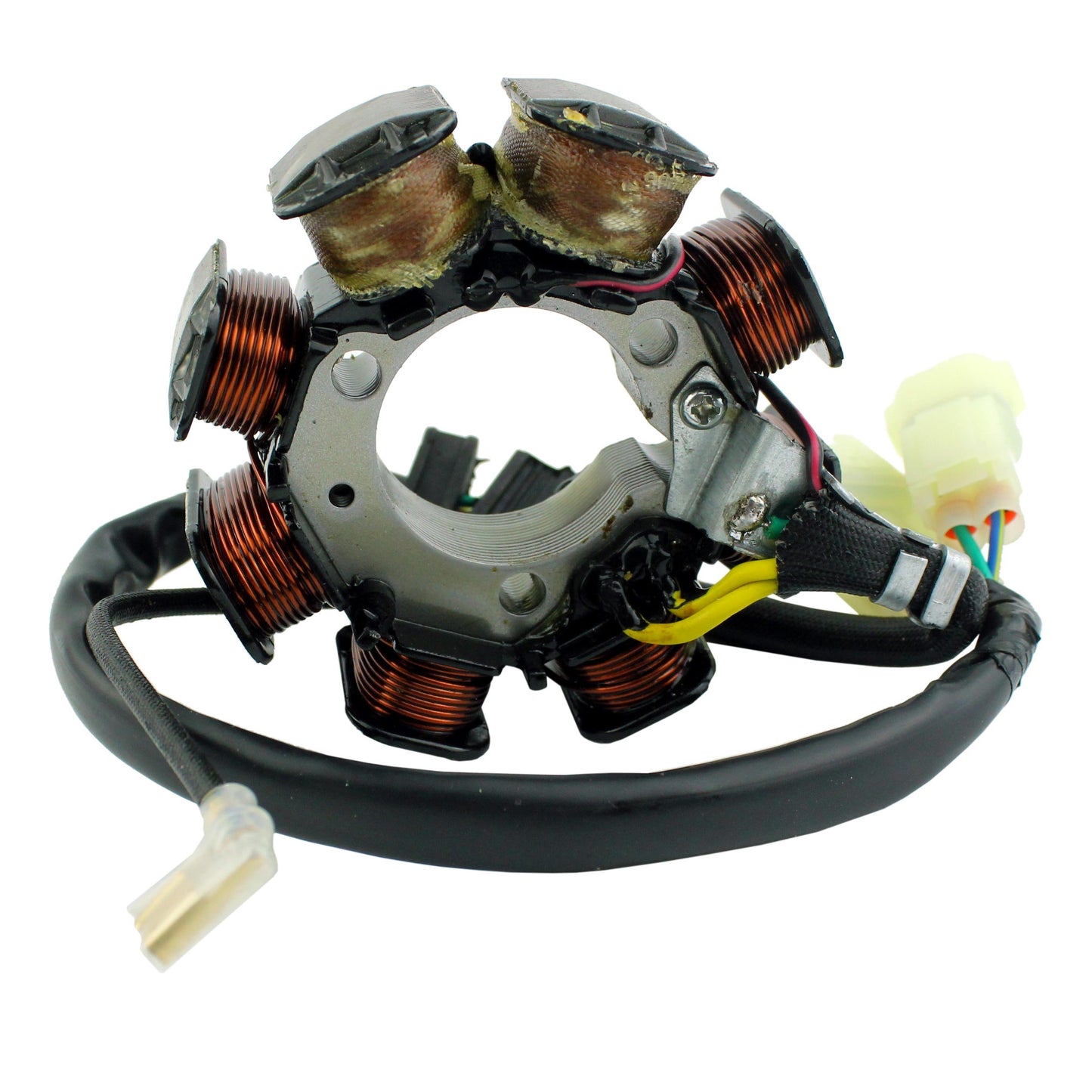 Honda TRX250 stator coil with copper windings and wiring harness for motorcycle engine