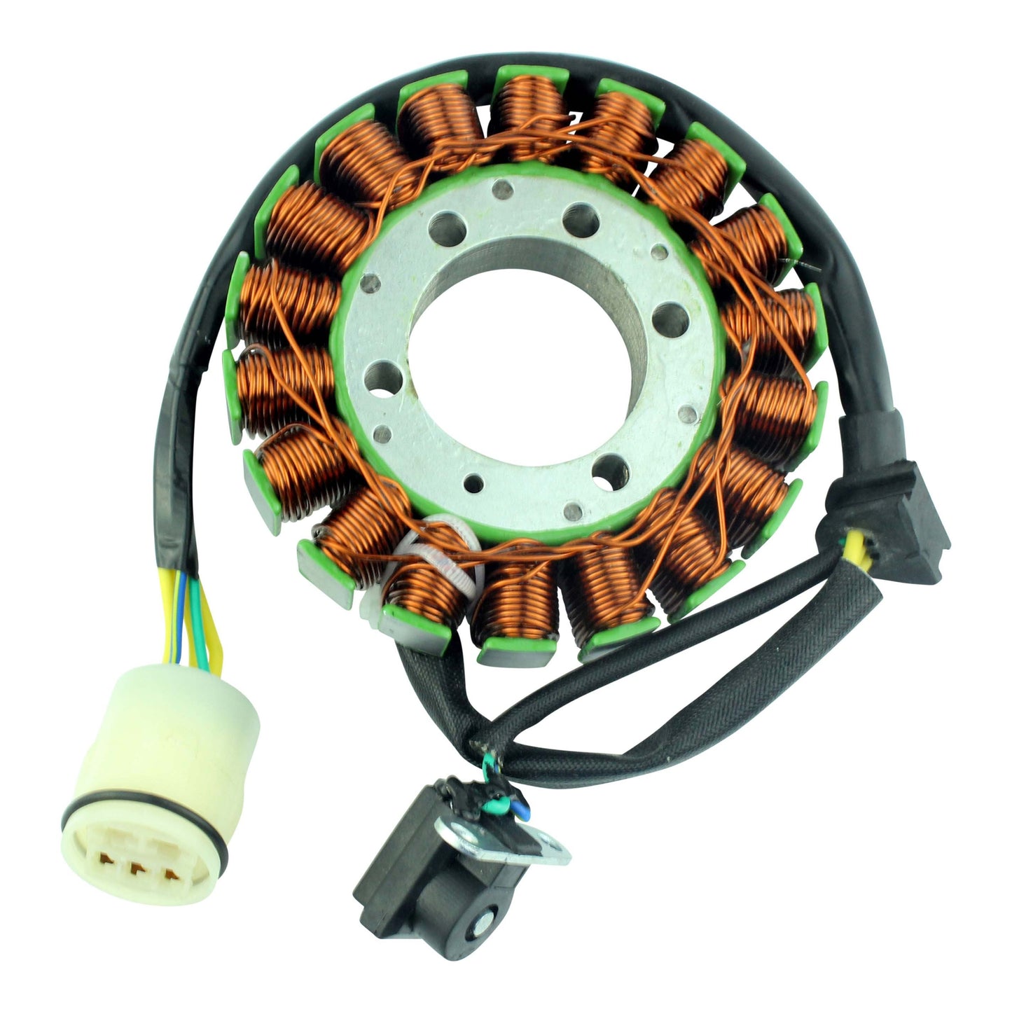 Honda TRX420 Rancher generator stator with copper coils and electrical connectors on white background
