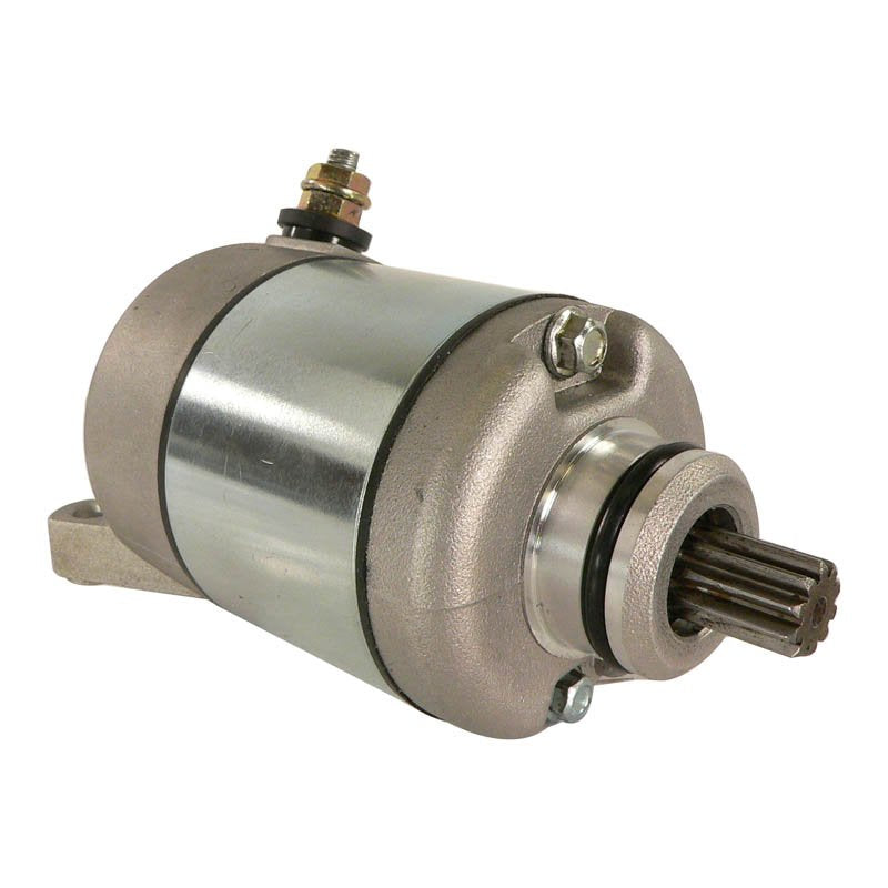 Close-up of a silver and metallic Honda TRX450ER starter motor with mounting bracket and electrical connection