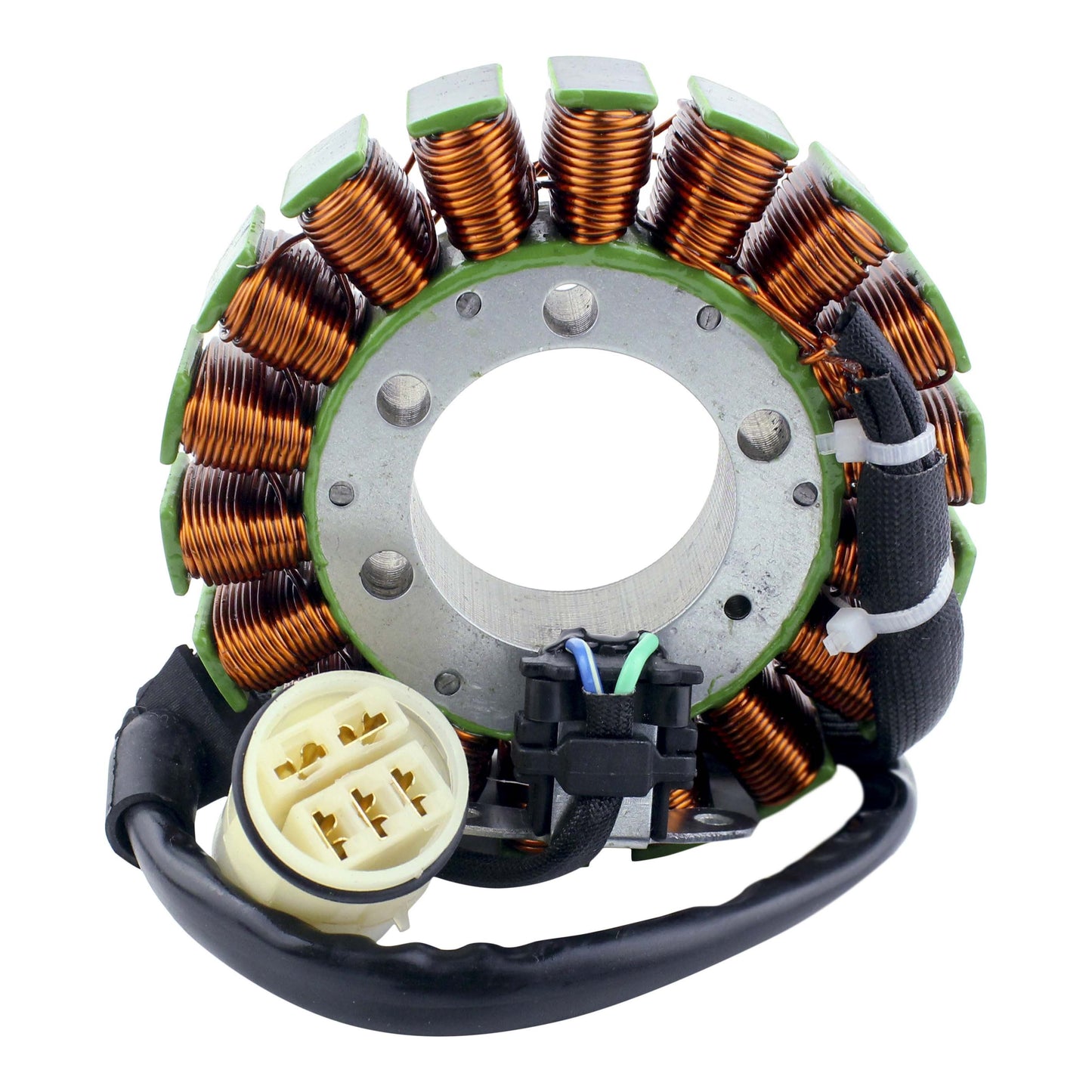 Close-up of Honda TRX500 Fourtrax Foreman stator coil with copper windings and connector cable