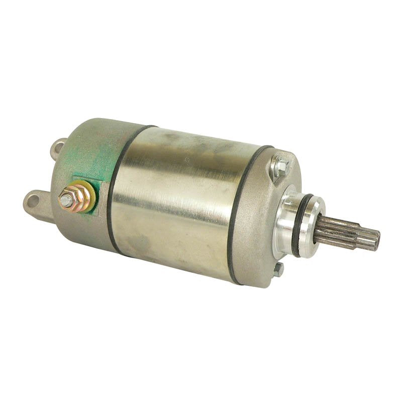 Honda TRX 300EX starter motor with metallic cylindrical body and gear shaft on white background