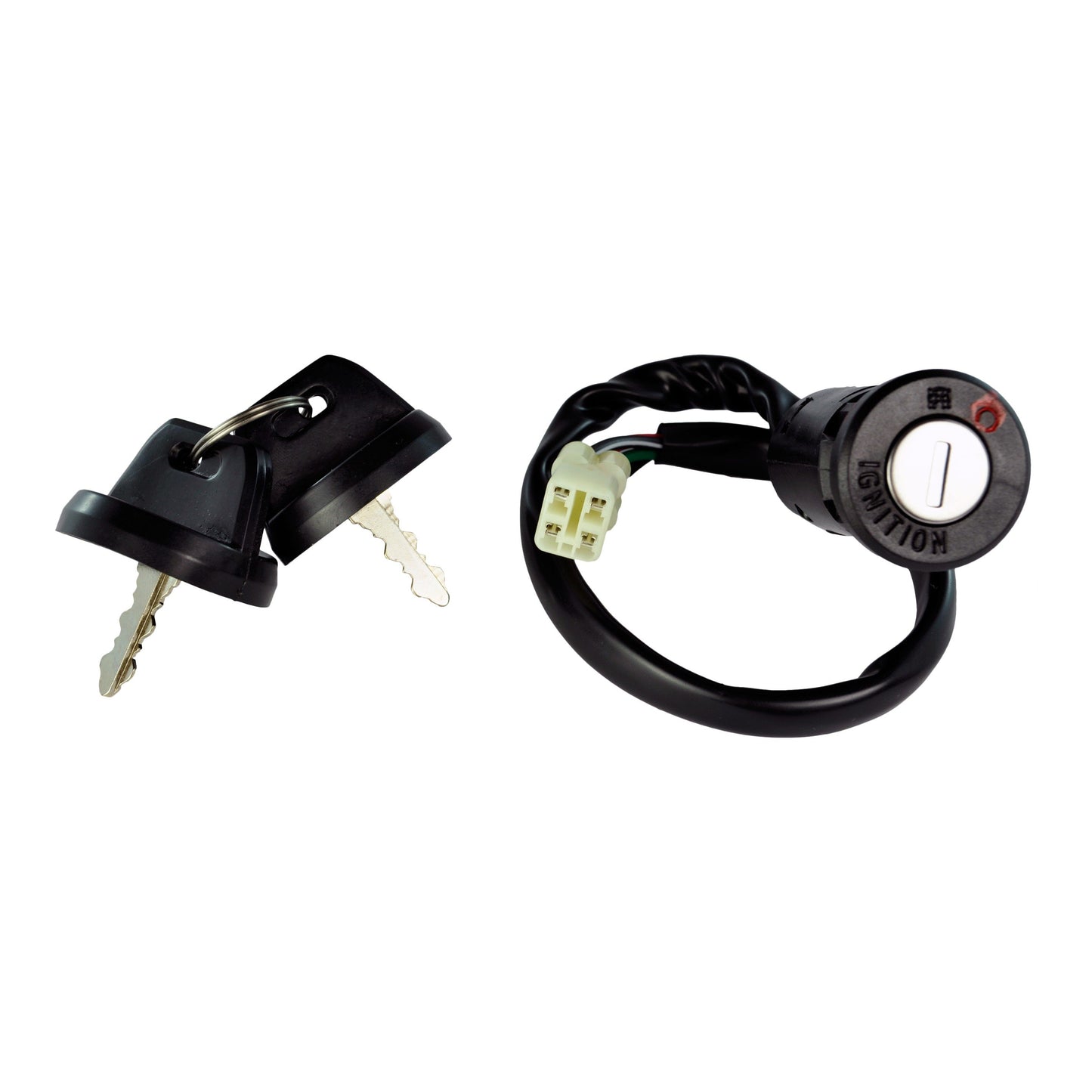 Honda TRX 450 ignition key switch with two black keys and wiring harness on white background